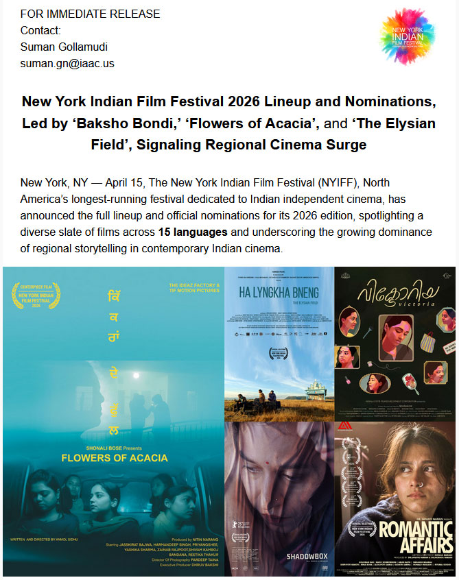 New York Indian Film Festival 2026 Lineup and Nominations, Led by ‘Baksho Bondi,’ ‘Flowers of Acacia’, and ‘The Elysian Field’, Signaling Regional Cinema Surge 