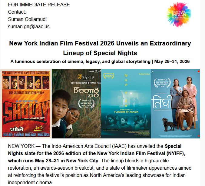 New York Indian Film Festival 2026 Unveils an Extraordinary Lineup of Special Nights