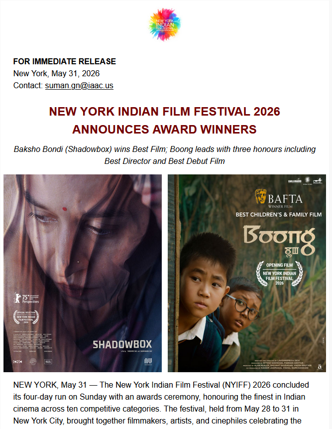 NEW YORK INDIAN FILM FESTIVAL 2026 ANNOUNCES AWARD WINNERS
